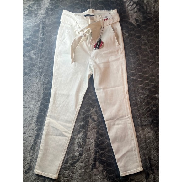 Express Denim Perfect Super High Rise Cropped Legging White Tie Waist Jeans 8 - Picture 5 of 9